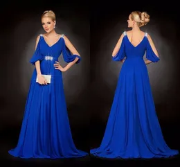 Royal Blue Chiffon Vネックビーズプリーツロングビーズエレガントパーティーセクシーなイブニングドレス