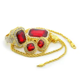 Conjuntos de jóias de moda para mulheres dos homens pingente de rubi colorido Hip brincos de ouro anel banhado Hop Charme Colar Jogo