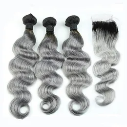 8A Grade Peruvian Grey Hair Weave With Closure Body Wave Two Tone Ombre 1b Silver Gray Ombre Human Hair Bundles And Lace Closures