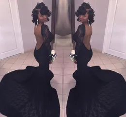 2017 Nowa Moda Sexy 2K17 Black Mermaid Prom Dresses Długie Rękawy Backless Lace Aplikacja Court Train Formalne Wieczorowe Suknie Party Custom Made