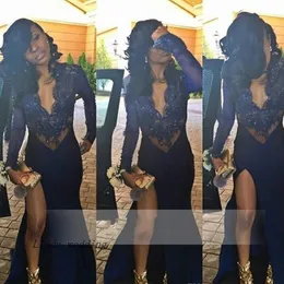 Sexig African Black Girl Långärmad Deep V Neck Prom Dress Mermaid Slit Sweep Train Evening Party Gown Custom Made Plus Storlek