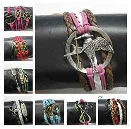 20 stili casuali 20 pezzi Bracciale in pelle Infinity Cross Anchor Arrow Love Heart Owl Believe Pearl Charm Couple Bracelet