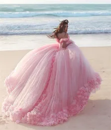 Princesa Rosa 3d Bola Floral Vestidos de Noiva 2020 Off Ombro Flor Plus Size Puffy Tulle Country Beach Dubai Nupcial Quinceanera Vestido