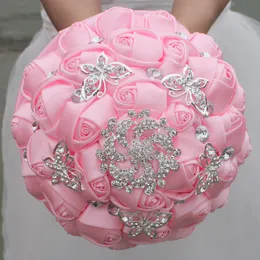 Pink Wedding Bridal Bouquets Handmade Flowers Sweet 15 Quinceanera Bouquets Pearls Crystal Rhinestone Rose Bridal Holding Brooch W3062