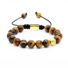 Nowa Hurtownie 10 sztuk / partia Męskie Pozłacane Golded Clear CZ z 10mm Tiger Eye Stone Beading Bracelet