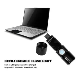 2017 3 وضع فلاش التكتيكية ضوء الشعلة مصغرة التكبير القابلة لإعادة الشحن قوي USB الصمام مضيا ac الفانوس للسفر في الهواء الطلق