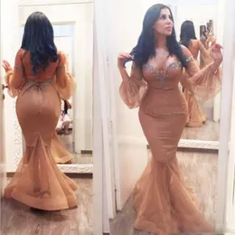 Plus Size Champagne Off Ramię Prom Dresses Saudi Arabia Illusion z długim rękawem Syrenka Suknie Wieczorowe Tulle Zobacz przez kobiety Vestidos