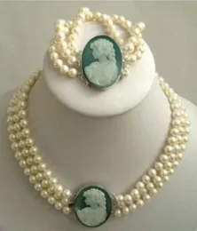 3 linha 7-8mm branco Akoya Pearl Cameo Rodada Beads Colar Pulseira HU2090