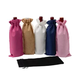 15 * 35cm Rustik Jute Burlap Bottle Bags Drawstring Wine Bottle Covers Bröllopsfest Champagne Linne Paket Presentväskor