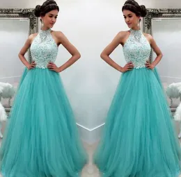 Aqua Prom Klänningar 2019 Formell Evening Party Pageant A-Line Gowns African Black Girl Halter Lace Lång billig