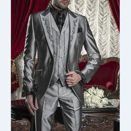 Brand New Groomsmen Peak Lapel Groom Tuxedos Shiny Grey Men Garnitury Haft Wedding / Prom / Dinner Best Man Blazer (Kurtka + Spodnie + Kamizelka) K859