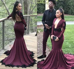 Plunging V Neck Bury Grape Mermaid Prom Black Appliques Lace Beads Long Sleeves Backless Evening Dresses Cheap Party Gowns