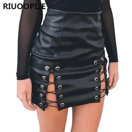 Riuooplie Black Criss Cross Ołówek Spódnica Kobiety Elegancka Pu Faux Leather High Waist Mini