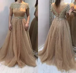 Elegante Champagne Appliqued Frisado Evening Vestidos Backless Lace Evening Vestidos Até O Chão A Linha Formal Prom Party Dress