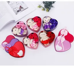 In stock Rose Soap Flower With Cute Bear Doll 3Roses 1Bear in a Tin Valentine's Day Gifts Wedding Gift DHL Free Ship