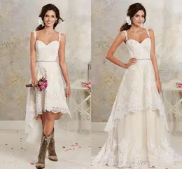 2024 New Sexy Two Pieces Wedding Dresses Spaghetti Lace A Line Bridal Gowns With Hi-Lo Short Detachable Skirt Country Bohemian Wedding Gowns