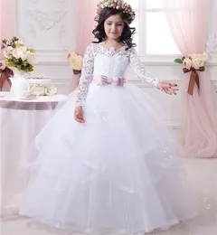 Ucuz Beyaz Çiçek Kız Elbiseler Düğünler İçin Dantel Uzun Kollu Kızlar Pageant Elbiseler İlk Cemaat Elbise Küçük Kızlar Balo Balo Gown0