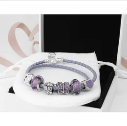 Charm-Anhänger aus 925er-Sterlingsilber, violett, passend für europäische Pandora-Armbänder für Damen, doppellagige Kette aus echtem Leder, Modeschmuck