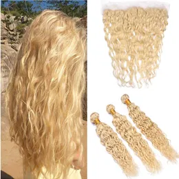 # 613 Blondynka Indian Human Hair Voundles Mokry i Falisty Dziewiczy Włosy Wefts Z Full Lace Frontal Closure 13x4 Water Wave Blonde Włosy