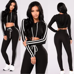 Women bodysuit overall tracksuit sportswear European special design hooded bodycon skinny striped two piece sexy jumpsuit rompers