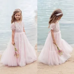 Designer Beaded Bohemia Flower Girl Dresses for Wedding With Short Sleeves 3D Appliqued Toddler Pagant Gowns Tulle Kids Communion Dress