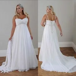 Plus Size Casual Beach Wedding Gowns Spaghetti Straps Beaded Chiffon Floor Length Empire Waist Elegant Bridal Gowns