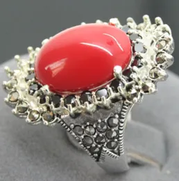Bague Fleur En Corail Rouge Et Argent Sterling 925 - Taille Ajustable, Neuf Sans Emballage