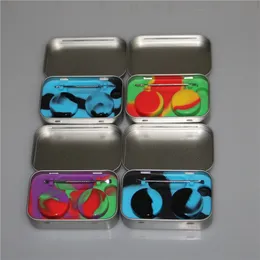 4 in 1 Tin Silicone Storage Kit Set with 2pcs 3ml Silicon Wax Container Oil Jar Base Dab Dabber Tool Metal Box Case