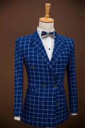 Classic Handsom Checker Double Breasted Groom Tuxedos Płaszcz z spodniami Męskie garnitury biznesowe (kurtka + spodnie + muszka) j878