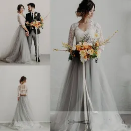 Summer Lace Tulle Grey Wedding Dresses V Neck Lace Half Sleeves A Line Bridal Gowns Custom Made Bohemia Wedding Gowns