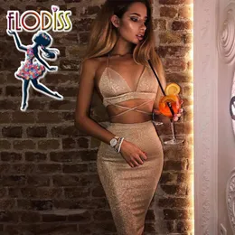 Flodiss Sexy Sparkly Bodycon Bandaż Sukienka 2018 Halter Deep V-Neck Lace Up Crop Top 2 Dwuczęściowy Zestaw Letni Party Club Vestido