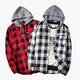 duixinju Men s Plaid Red Flannel Shirt with Hooded Red Black