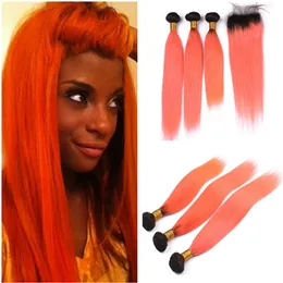 Silky Straight Virgin Peruvian Ombre Orange Human Hair Bundle Deals Dark Root With # 1b / Orange Ombre 4x4 Front Lace Closure Piece 4pcs Lot