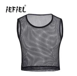 IEFIL MEN без рукавов просмотра сетки мышечной мышцы Fishnet Slim Fit Короткий стиль WetLook Tain Top футболка мужская одежда