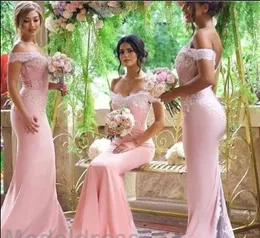 Blush Pink Mermaid Abiti da damigella d'onore 2018 Off spalla Sweetheart Backless Sweep Train Economici Immagini reali Abiti da festa per ospiti di nozze Personalizzati