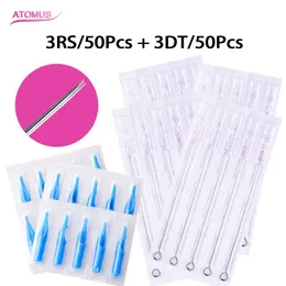 Atomus (3RS + 3DT) 50 st 304 Rostfritt stål steril tatueringsnål + 50PCs blå engångs tatueringstips Tattoo nålprodukt