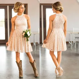 Cheap Short Lace Country cowgirls Bridesmaids Dresses Pearls Halter Neck pink Knee-length Boho Beach Maid of Honor Wedding Guest Party Dress