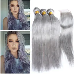 Malaysian Grey Colored Virgin Human Hair Weaves Extensions with Closure 3Bundles Silver Grey Straight Hair Wefts with 4x4 Lace Front Closure