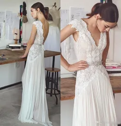 New Bohemian Summer Design Backless V Neck Cheap Chiffon Boho Beaded Crystals Sashes Chic Beach Country Bridal Gowns Wedding Dresses