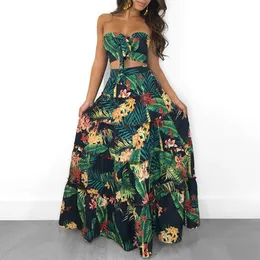 2023 Summer New Fashion Sexy Women Strapless Two Pieces Dress Set Set Tropical Print Tube Top Maxi kjol