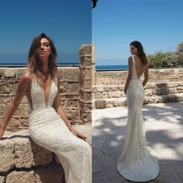 Julie Vino 2018 Mermaid Wedding Dresses Sexy Deep V Neck Sweep Train Bridal Gowns Sequins Backless Beach Wedding Dress