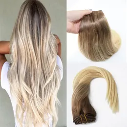 Balayage Ombre Hair Extensions Remy Human Hair of Clip in Hair Extensions Color Brown to Blonde #8 to #613 Silky Straight 120g