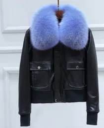 New design women's luxury genuine sheepskin leather long sleeve real fox fur collar short jacket thickening white duck down parka casacos