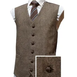 Hot Sale Bröllop Vintage Brown Tweed Vests 2019 Custom Made Groom Vest Mens Slim Fit Tankor Made Bröllop Västar För Män