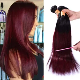 Ombre Brasiliansk Burgundy Virgin Hair 4 Bundlar Billiga Rak 1B / Burgundy 99J Mänskligt Hårväv Två Tone Färgat Rött Hårväv Tilläggstillägg