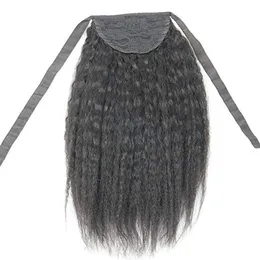 Grov Yaki Kinky Straight Ponytail Hårstycke Slipsar upp Ribbob Wrap runt Italienska Yaki Mänskliga hår Ponny svans 14inch 120g