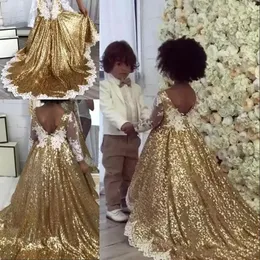 2019 złote cekiny sukienki kwiatowe V Długie rękawy Lase Applique Bow Sash A Line Birthday 'Girls' Controse Dresse BC0361S 329 329