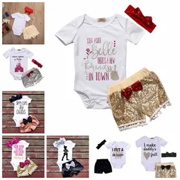 7styles Baby Listy Pajacyki Garnitur Dla Dzieci Krótki Rękaw Trójkąt Pajacyki + Paillette Spodenki + Bowknot Włosy Zestaw 3 sztuk Zestawy Ubrania GGA797