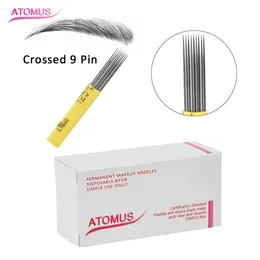 100Pcs / Box 더블 행 평면 문신 크로스 9Pin 영구 블레이드 메이크업 노란색 9m1 블레이드 3D Microblading 문신 바늘