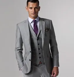 High Quality Light Grey Side Vent Groom Tuxedos Groomsmen Best Man Mens Wedding Suits Bridegroom (Jacket+Pants+Vest+Tie) 002